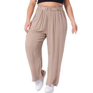 Plus Size Stretchy High Waisted With Pocket Wide Leg Long Pants Khaki